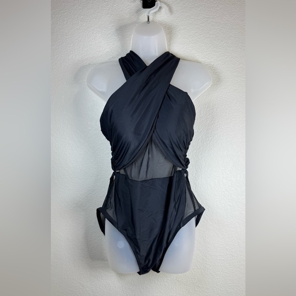 Swimsuits For All Black Halter One Piece Ruched Mesh Side Cutouts Sz 14 - Picture 1 of 10